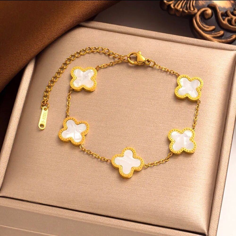 18K Gold Four Leaf Clover White Chain Link Bracelet